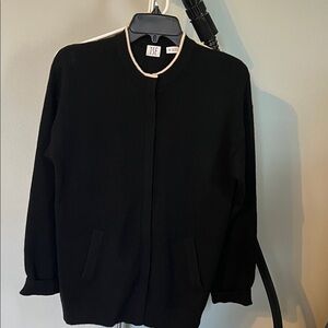TSE Black 100% Cashmere Cardigan with Cream Trim